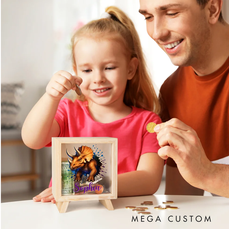 Personalised Ink-Splashed Dinosaur Wooden Clear Piggy Money Box with Name Birthday Gift for Kids Dinosaur Lovers