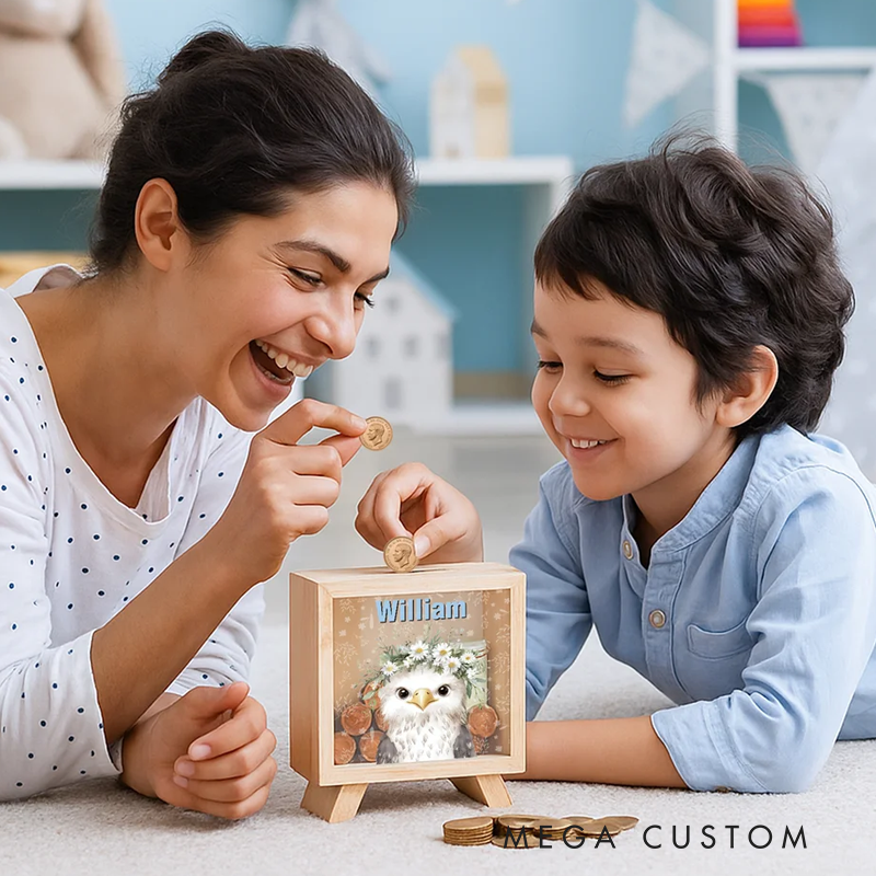 Personalised Cute Flower Wreath Animals Wooden Money Box Piggy Bank with Name Back to School Birthday Gift for Kids