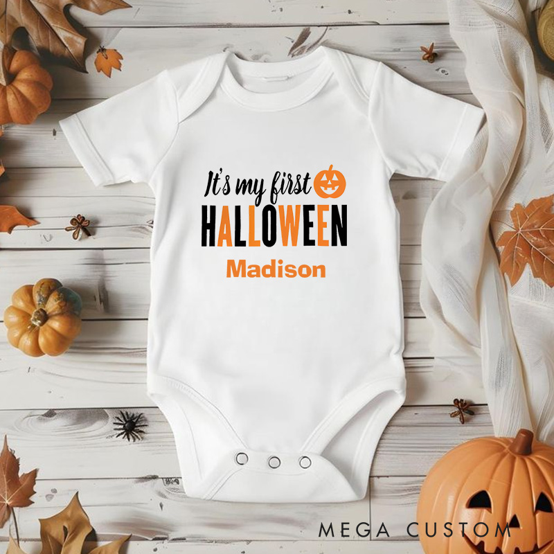 Personalized It’s My First Halloween Featuring Pumpkin Motif and Customizable Name for Baby’s First Celebration Baby Onesie