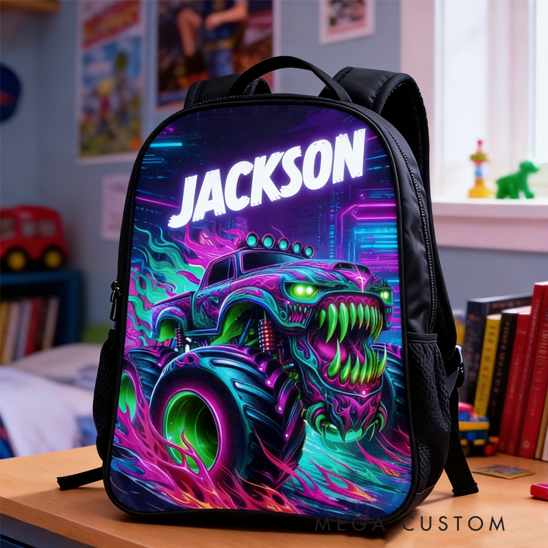 Personalized Monster Neon Truck Design and Custom Name for Kids Black to School Gift 