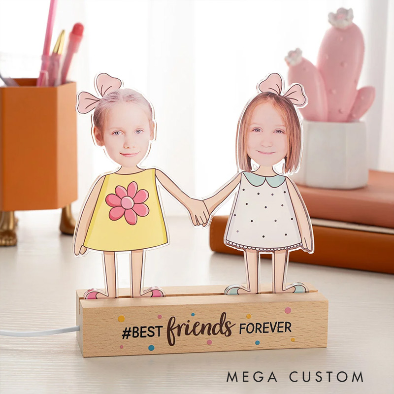 Personalized Kid Photos Best Friends Forever LED Night Light with Wooden Base Home Decor Friendship Birthday Gift for Boys Girls