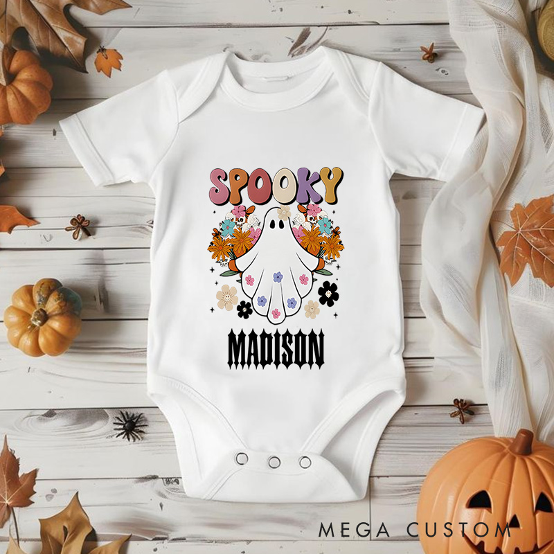 Personalized Spooky Featuring Ghost and Fall Elements with Customizable Name for Baby’s Halloween Outfit Baby Onesie