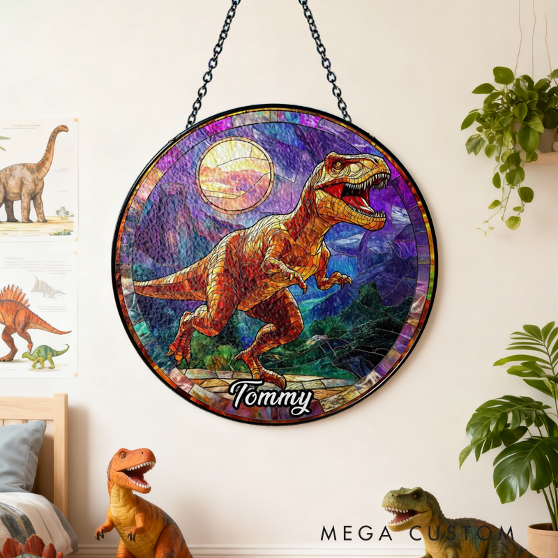 Personalized Dinosaur Name Stained Glass Suncatcher Custom Dinosaur Window Hanging Handmade Jurassic Sun Catcher Gift for Him