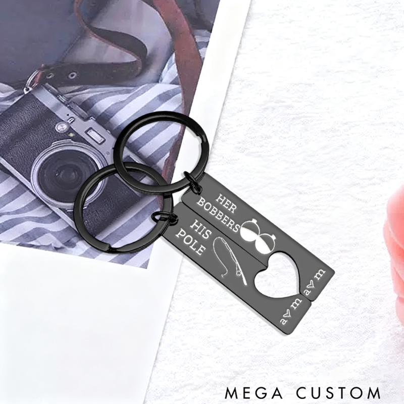 Personalized Fishing Keychain Set with Funny Design Custom Initials Romantic Gift for Couples and Fishing Lovers