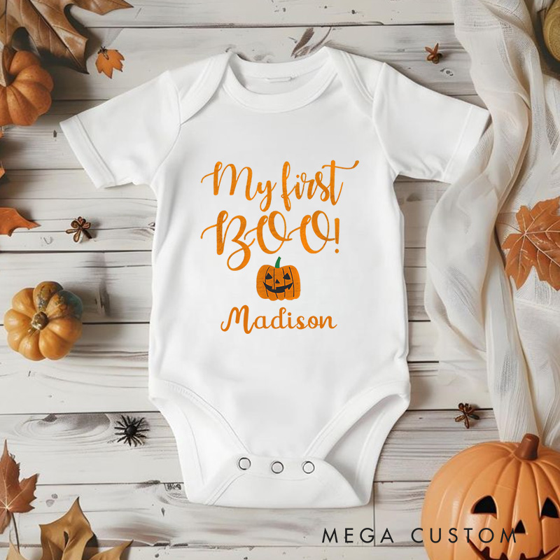 Personalized My First Boo Featuring Pumpkin Motif and Customizable Name for Baby’s First Halloween Celebration Baby Onesie