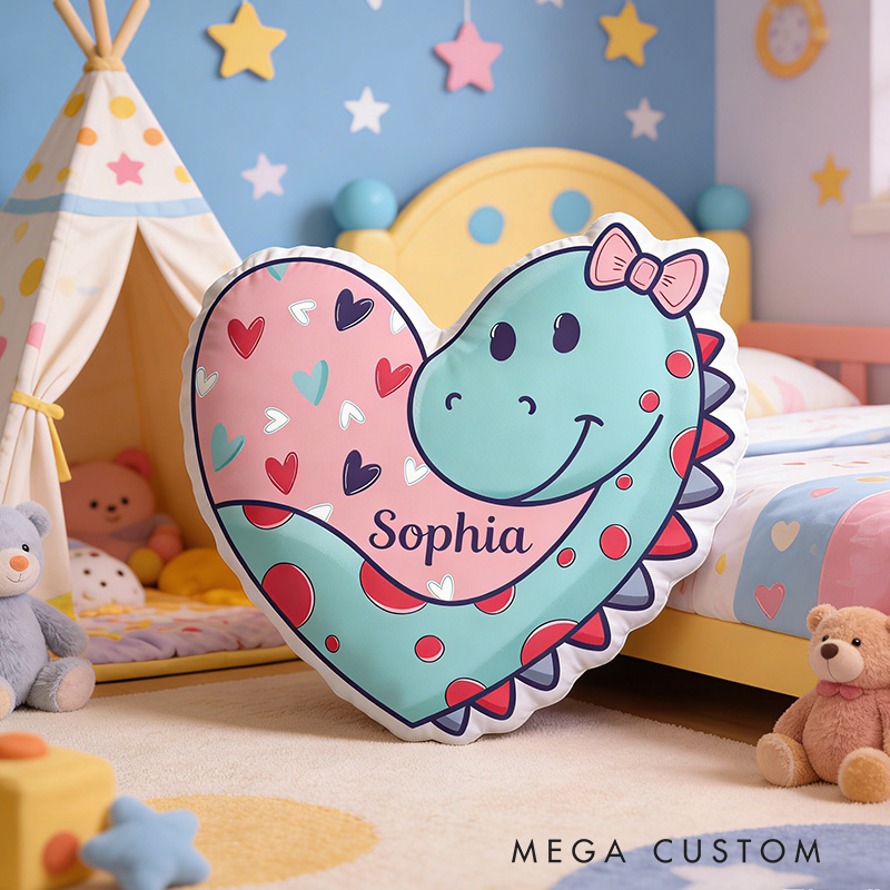 Personalized Adorable Dino And Heart Custom Name Plush Toy For Girls Bedroom Graphic 3D Print Pillow Valentine's Day Gift
