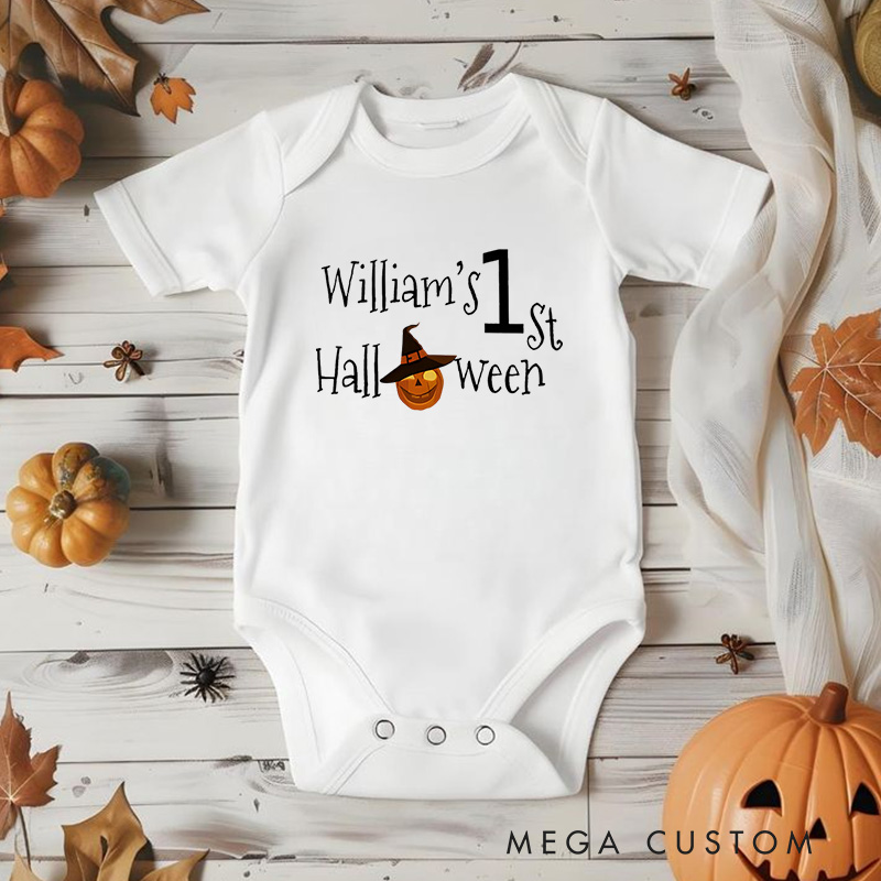Personalized First Halloween Featuring Witch Hat Pumpkin Motif and Customizable Name for Baby’s Festive Outfit Baby Onesie