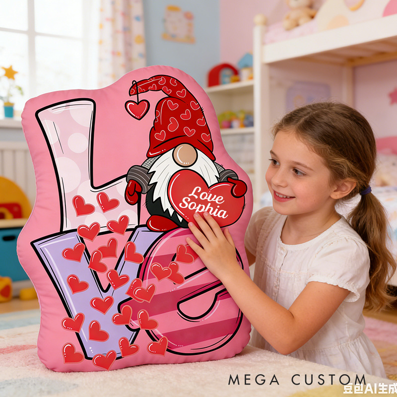 Personalized Romantic Gnome And Heart Custom Name Pillow For Kids Room Decor Graphic 3D Print Pillow Valentine's Day Gift