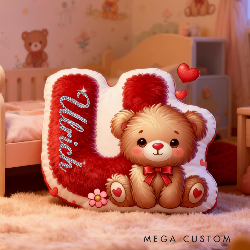 Personalized Cute Romantic Heart Cartoon Bear Initial with Name Graphic 3D Print Pillow Valentine's Day Gifts Funny Gifts