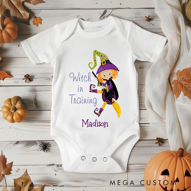 Personalized Witch in Training Featuring Adorable Witch Motif and Customizable Name for Baby’s Halloween Celebration Baby Onesie