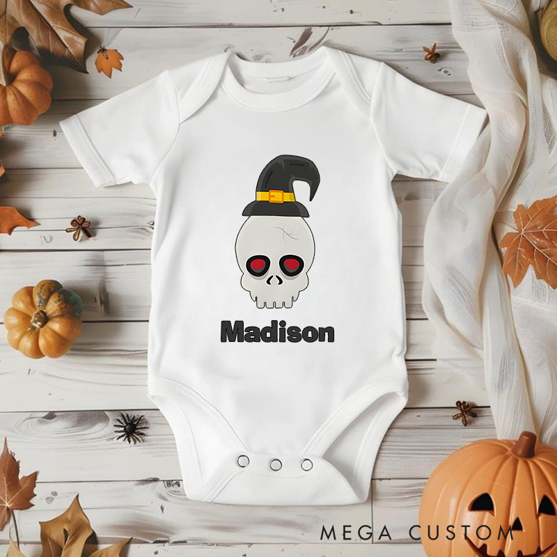 Personalized Halloween Skull Featuring Festive Motif and Customizable Name for Baby’s Spooky Outfit Baby Onesie