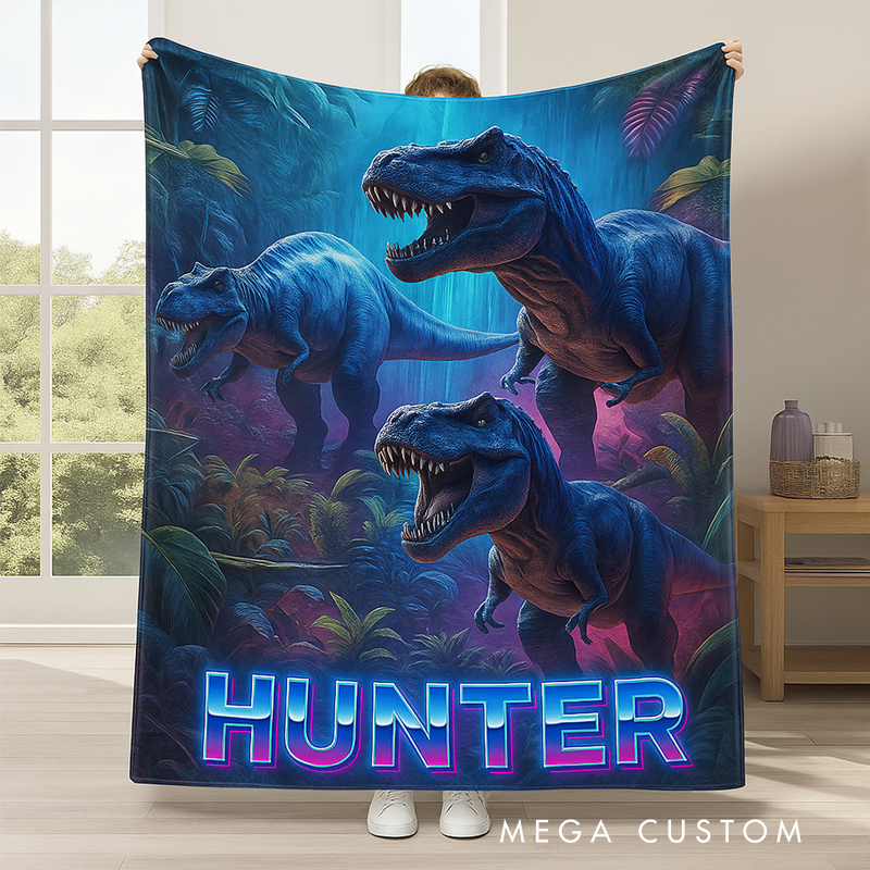 Personalized Dinosaur Themed Blanket with Name Home Decor Birthday Gift for Boys Dinosaur Lovers