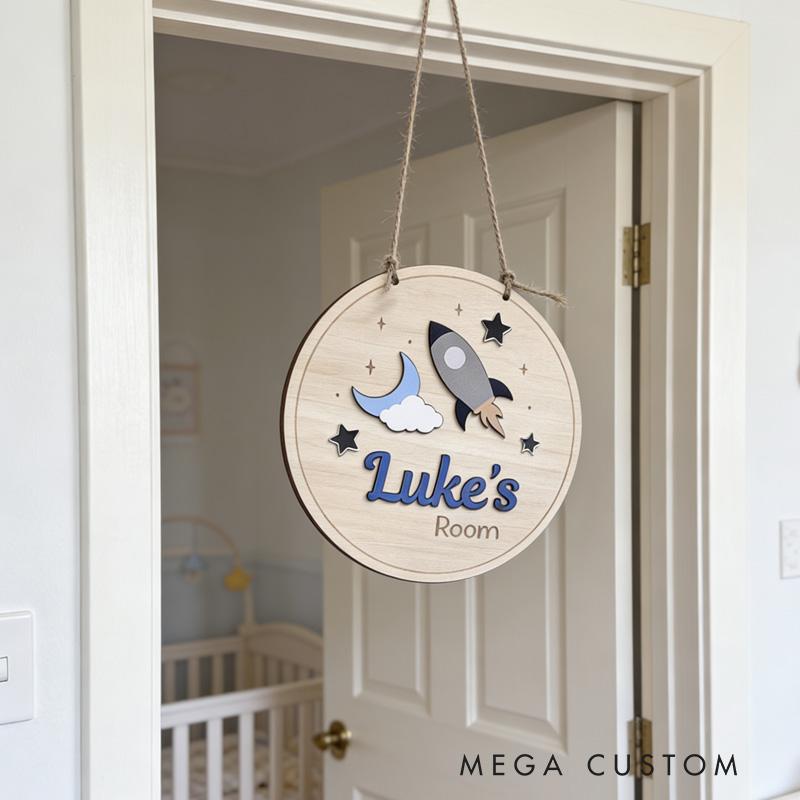 Personalized Space Theme Cute Rocket Custom Name Wall Decor For Kids Room Childs Bedroom Door Sign
