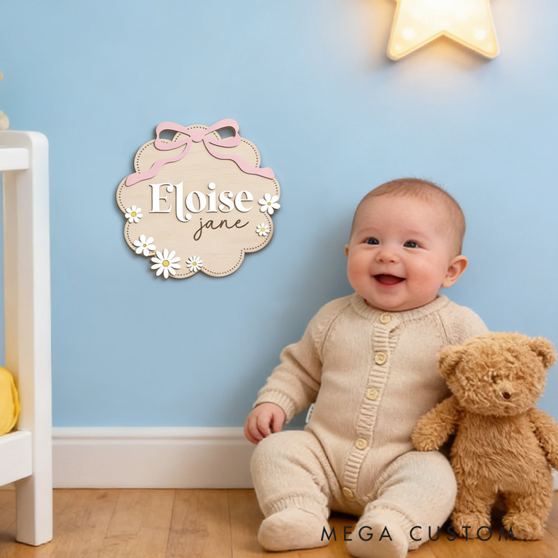 Personalized Elegant Floral Bow Pattern Custom Engraved Newborn Name Plaque Wooden Baby Announcement Sign