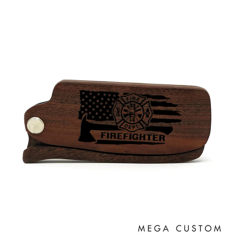 Personalized Wooden Beard Comb Firefighter Emblem with American Flag Design