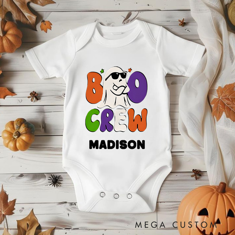 Personalized Boo Crew Featuring Ghost and Sunglasses Motif with Customizable Name for Baby Onesie
