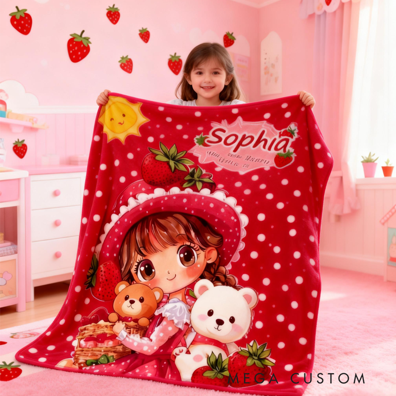 Personalized Strawberry Themed Blanket with Name Home Decor Birthday Gift for Kids 