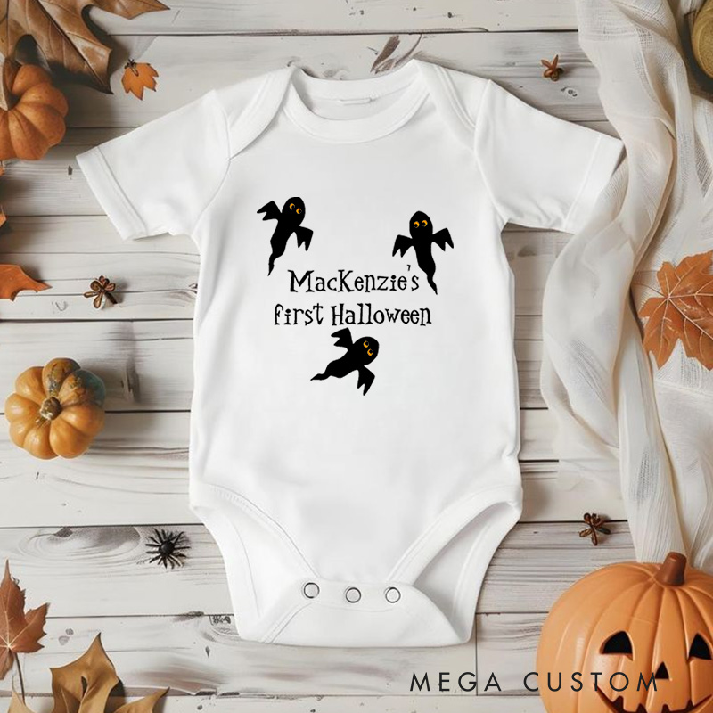 Personalized First Halloween Featuring Ghost Motif and Customizable Name for Baby’s Festive Outfit Baby Onesie