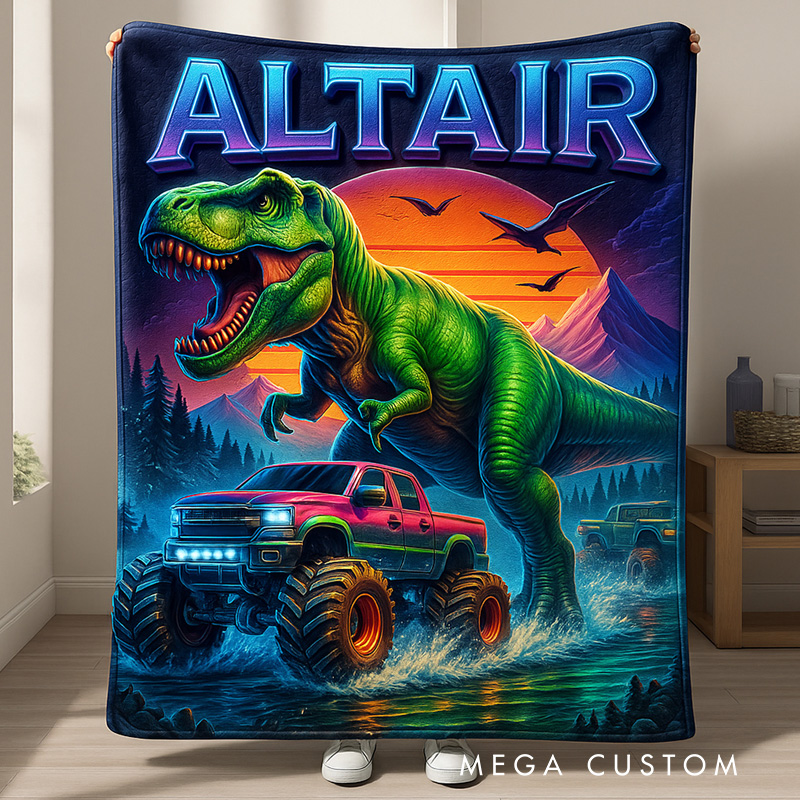 Personalized Ferocious Dinosaur Theme Custom Name Green Jungle Adventure Kids Cozy Blanket Blanket