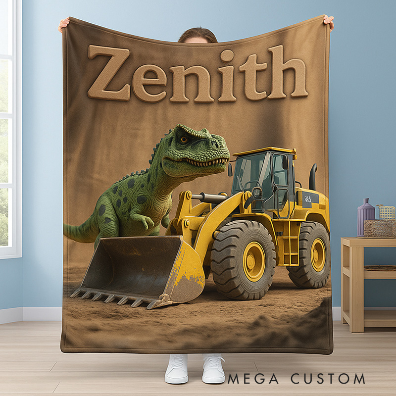 Personalized Dinosaur And Digger Theme Custom Name Fun Kids Cozy Bedroom Decor Blanket Blanket