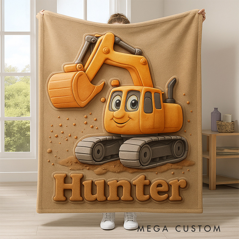 Personalized Cute Bulldozer Theme Custom Name Fun Construction Vehicle Kids Cozy Blanket Blanket