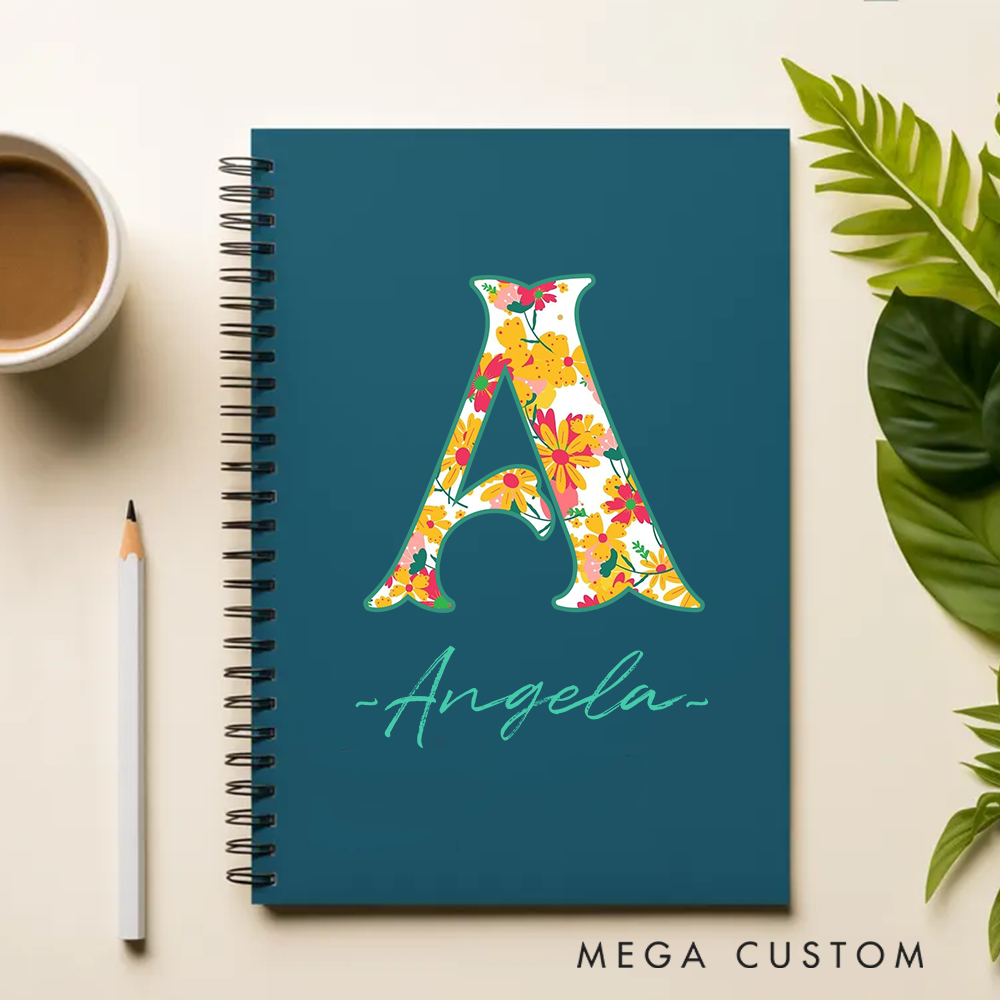 Personalized A5 Spiral Notebook Beautiful Floral Initial Design Gift with Custom Name for Everyday Use