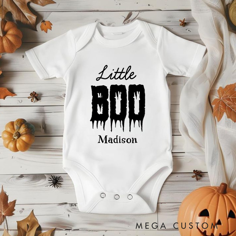 Personalized Little Boo Featuring Dripping Text and Customizable Name for Baby’s Halloween Celebration Baby Onesie