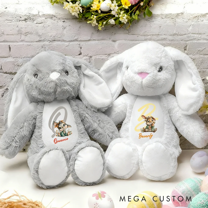 Personalized Cute Rabbit Plush Easter Bunny Stuffed Toy with Initial and Name Easter Gift for Newborns Kids