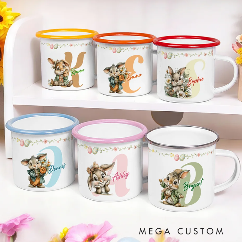 Personalized Cartoon Easter Bunny Initial 12 oz Colored Rim Enamel Mug with Name Easter Gift for Boys and Girls