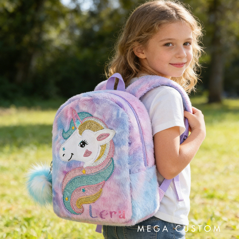 Personalized Cute Dream Horse Theme Custom Name Soft Plush Pink Girls School Travel Backpack