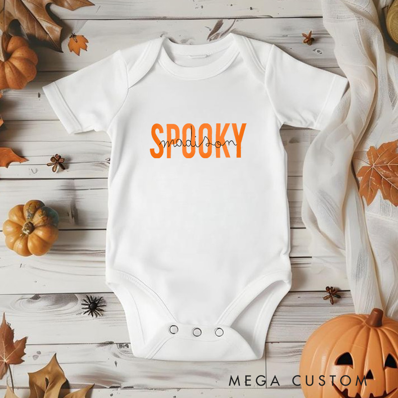 Personalized Spooky Featuring Bold Text and Customizable Name for Baby’s Halloween Outfit Baby Onesie