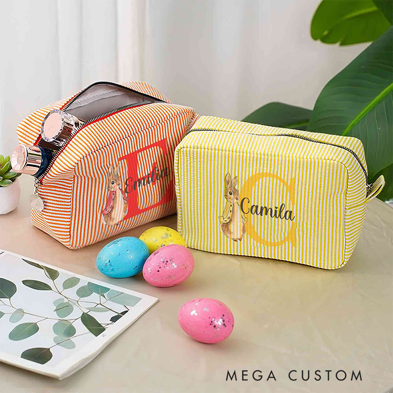 Personalized Name Peter Rabbit Bunny Alphabet Striped Makeup Bag Travel Toiletry Pouch Birthday Easter Gift for Her Girls 