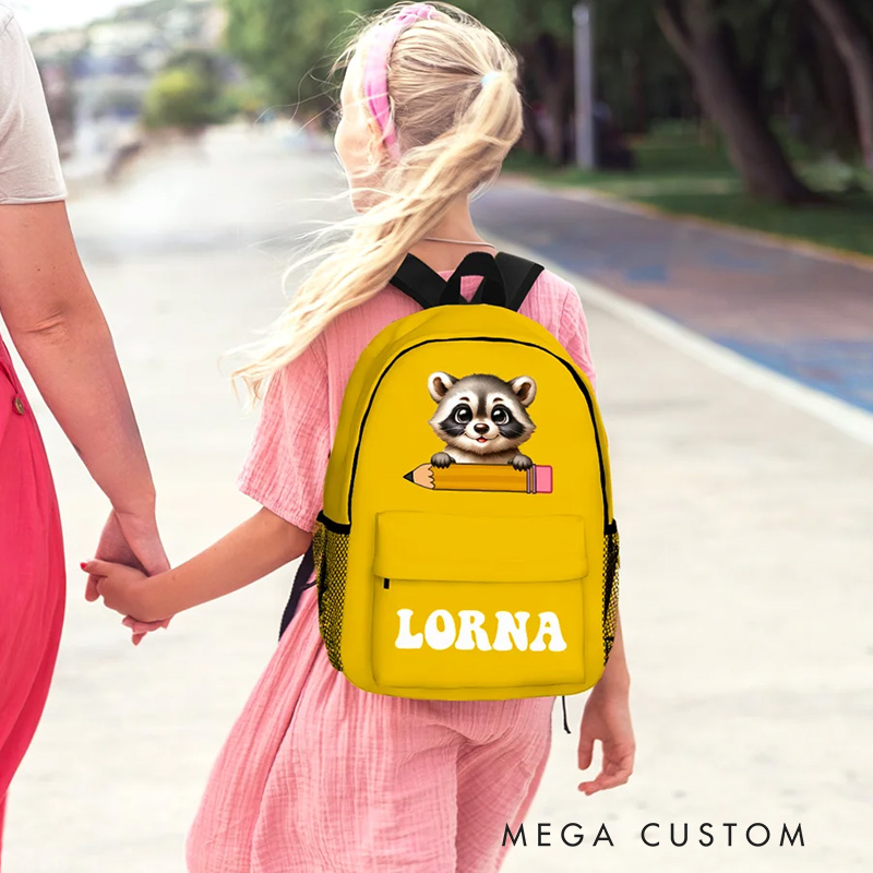 Personalized Cartoon Penguin Raccoon Animals Name Backpack with Zipper and Side Pockets Birthday Back to School Gift for Boys Girls