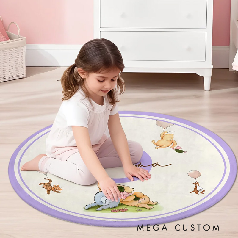 Personalized Classic Winnie the Pooh Initial Round Anti-Slip Coral Fleece Doormat Rug with Name Nursery Decor Baby Shower Birthday Gift for Kids