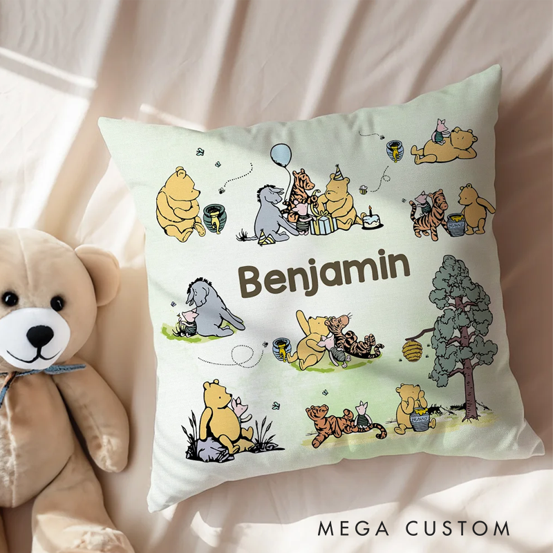 Personalized Classic Winnie the Pooh Soft Throw Pillow Cover with Name Birthday Baby Shower Gift for Newborn Boys Girls