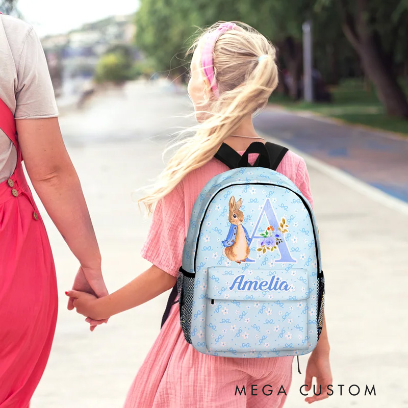 Personalized Peter Rabbit Coquette Bow Flower Initial Large Capacity School Backpack with Name Daily Travel Back to School Birthday Gift for Kids