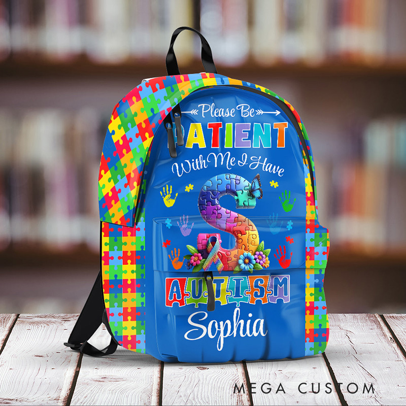 Personalized Colorful Autism Awareness Theme Custom Name Puzzle Heart Pattern Kids Backpack