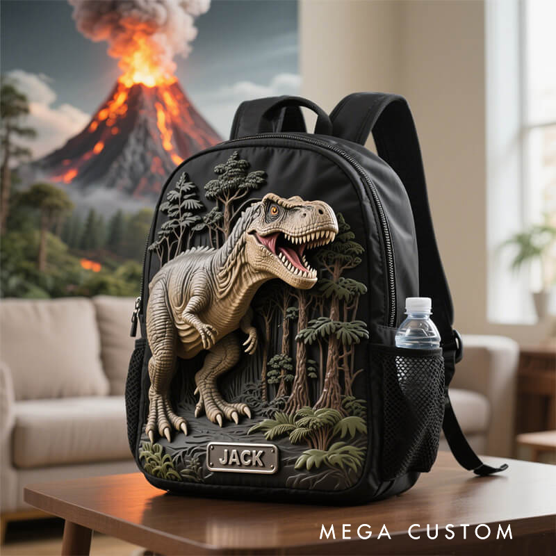 Personalized Cool Dinosaur Theme Custom Name Realistic T Rex Jungle Adventure Kids Backpack