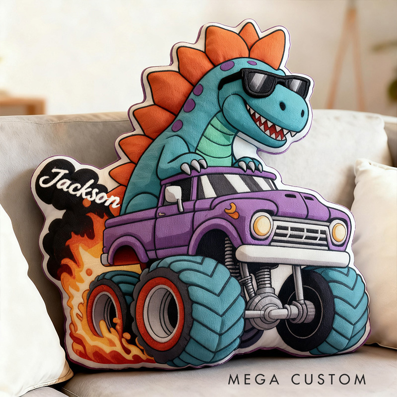 Personalized Cool Dinosaur Driving Monster Truck Custom Name Fun Boys Room Decoration Unique Adventure Style Plush  Graphic 3D Print Pillow