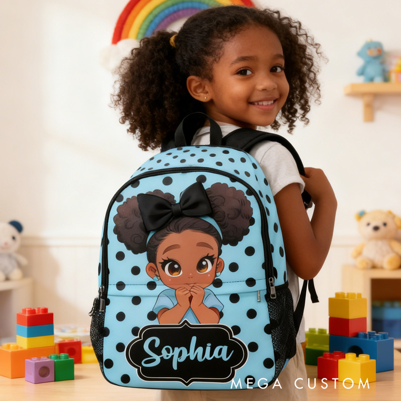 Personalized Adorable Cartoon Girl Theme Custom Name Black Bow Blue Background Kids Backpack
