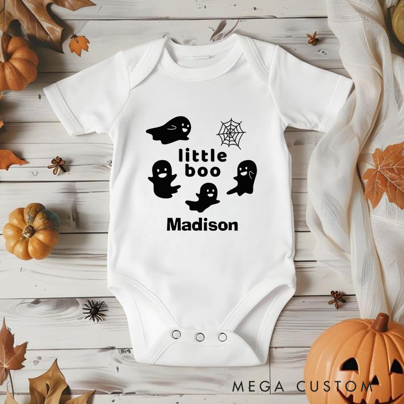 Personalized Little Boo Featuring Ghosts and Spider Web Motif with Customizable Name for Baby Onesie