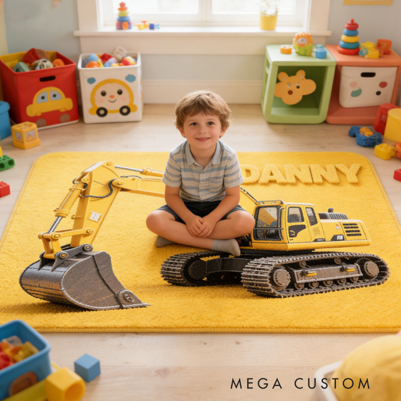 Personalized Fun Construction Theme Custom Name Heavy Equipment Vehicle Design Carpet Rug for Kids