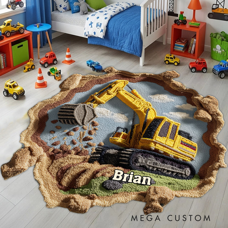 Personalized Awesome Construction Vehicle Theme Custom Name Realistic Worksite Design Carpet Rug for Kids