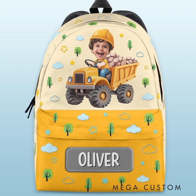 Personalized Cute Construction Theme Custom Name Photo Face Yellow Dump Truck Pattern Kids Backpack