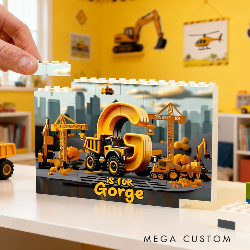 Personalized Construction Vehicles Letters Kid Double Sided Horizontal Rectangle Building Brick Blocks