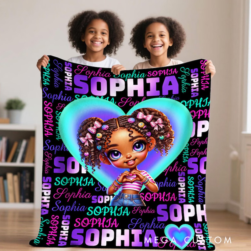 Personalized Cute Girl Theme Custom Name Pink Heart Background Afro Hair Bow Art Design Blanket