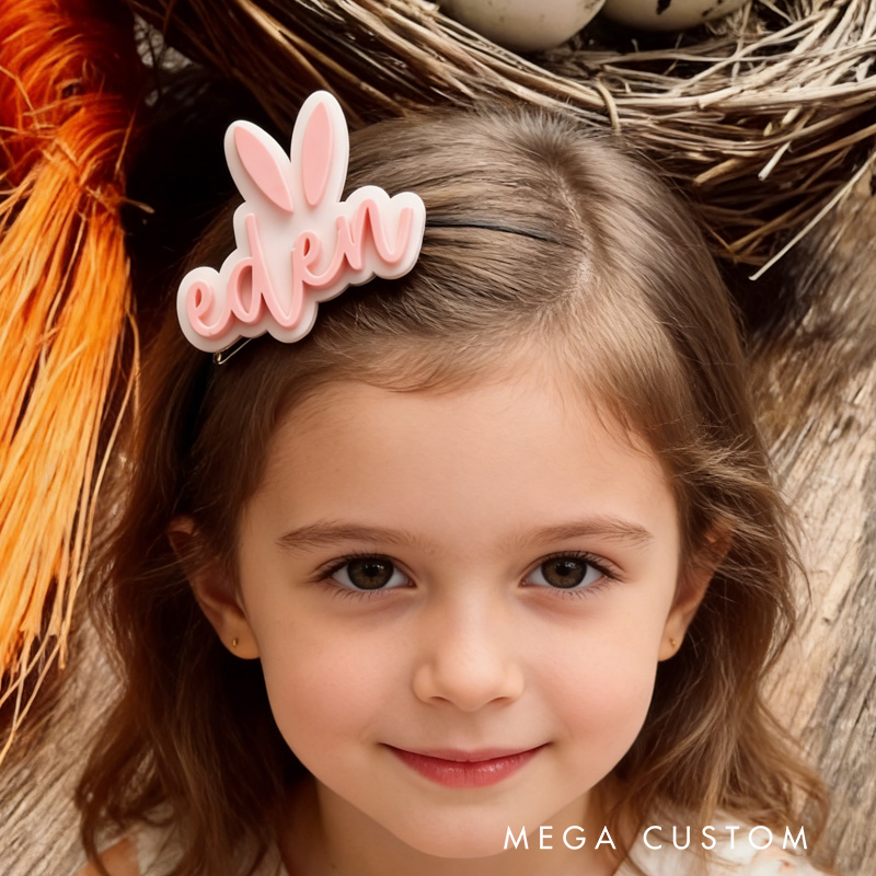 Personalized Bunny Theme Custom Name Adorable Rabbit Ear Pastel Pink Font Acrylic Hair Clip