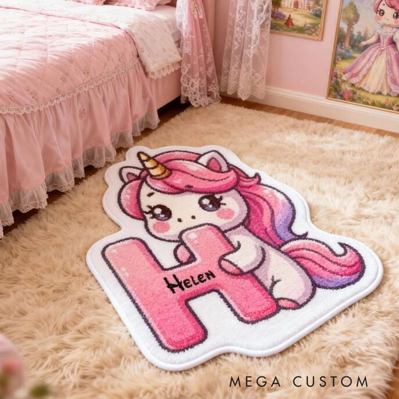Personalized Fantasy Dream Horse Theme Custom Name Charming Pink Outline Style Carpet Rug for Kids