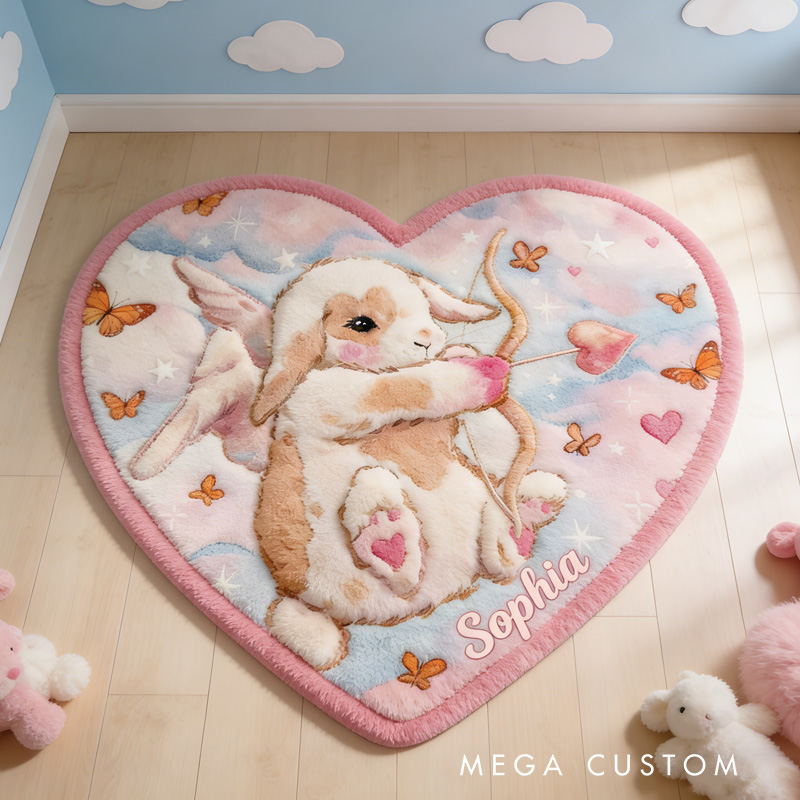 Personalized Bunny Angel Theme Custom Name Heart Shape Cute Pink Cloud Style Carpet Rug for Kids