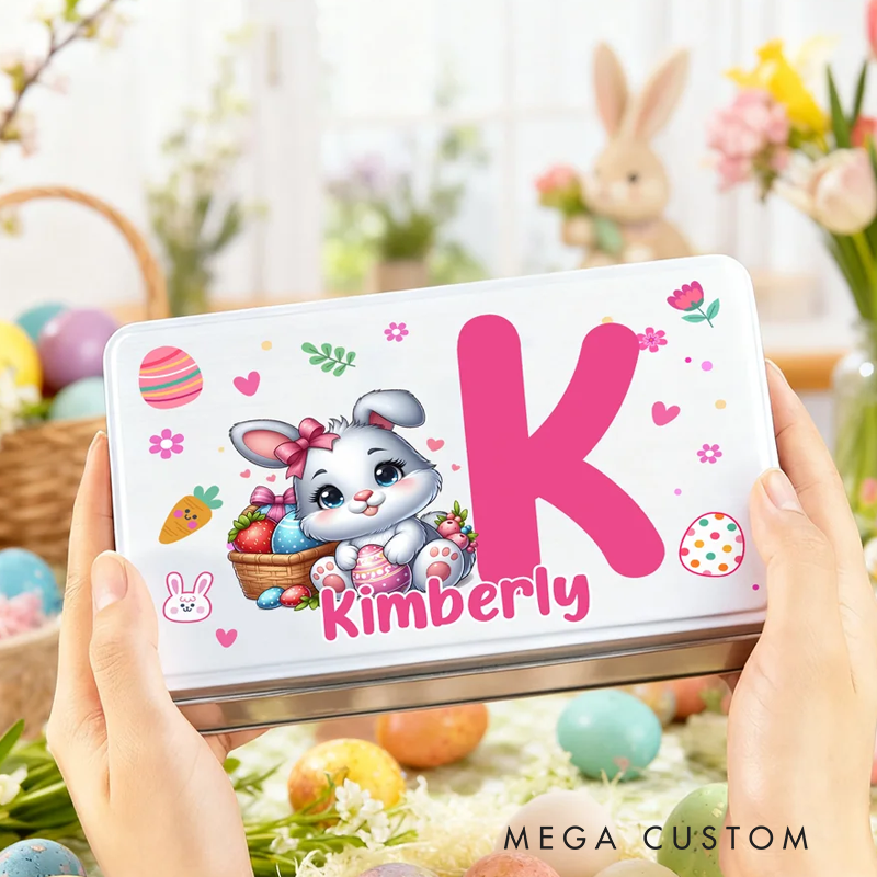 Personalized Cartoon Bunny Easter Eggs Food Grade Metal Biscuit Tin Storage Box with Name Easter Holiday Gift for Family Kids